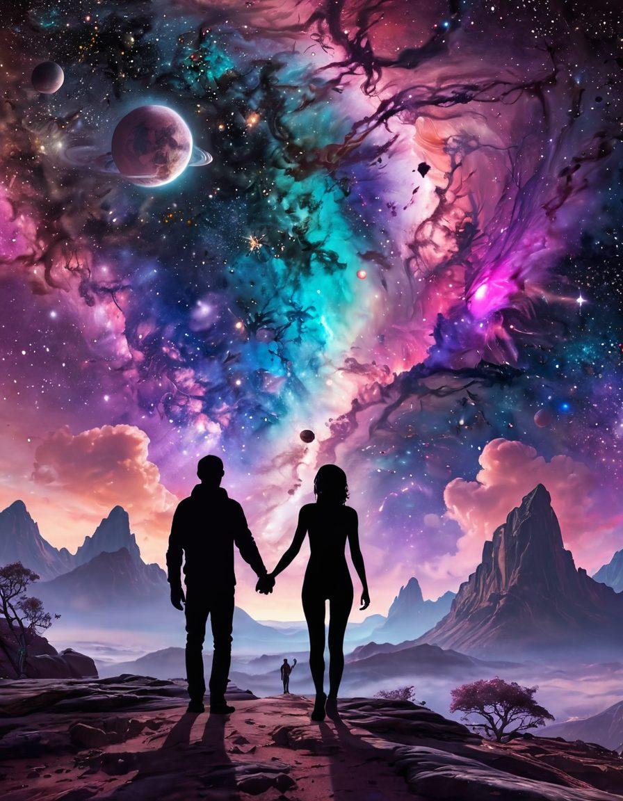 A cosmic scene portraying a human and an alien holding hands, gazing at a swirling galaxy filled with vibrant stars and colorful planets. The background features a nebula infused with romantic hues of pink and purple, symbolizing connection and love across races. Add elements like floating hearts made of stardust and interstellar architecture in the distance. dreamy style. vibrant colors. space art.