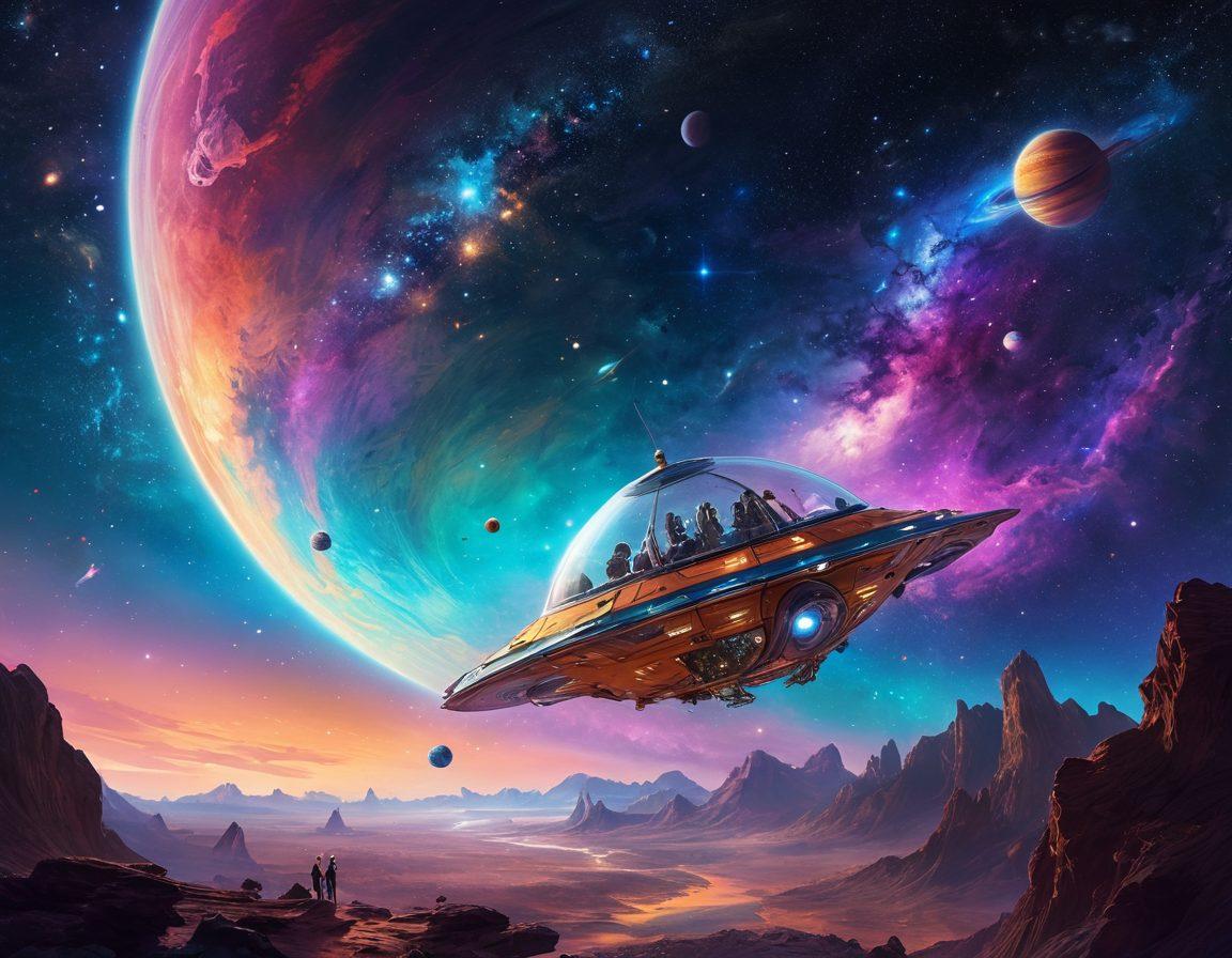 A whimsical and colorful depiction of a starry galaxy with various alien species interacting with humans in imaginative, intimate scenarios. Floating in zero gravity, vibrant planets and cosmic elements surround them, showcasing a blend of emotions ranging from curiosity to affection. Brightly lit nebulae provide a dreamy background, while whimsical spacecraft linger in the distance, adding an adventurous touch. surreal. vivid colors. cosmic theme.